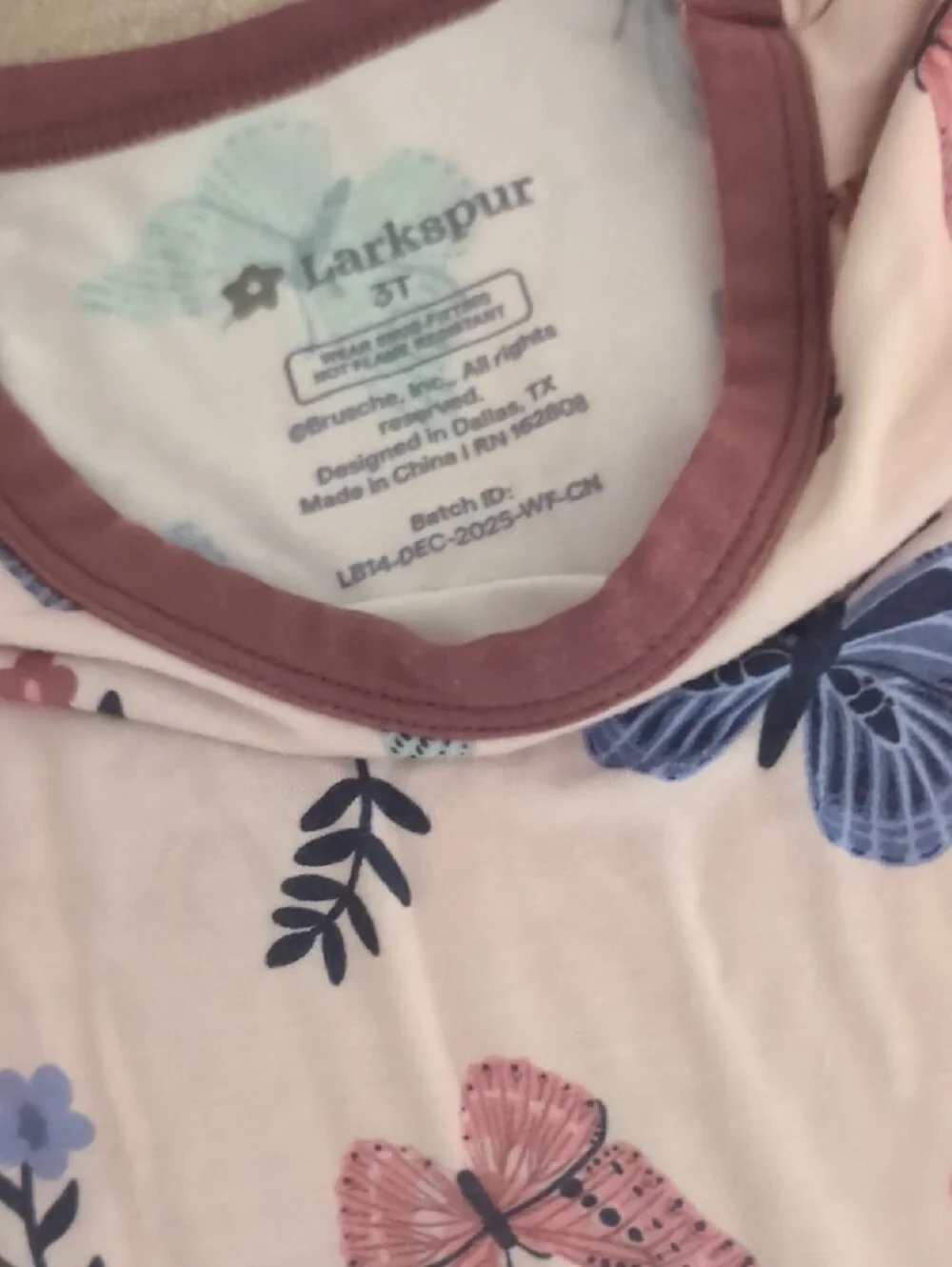 Girls' Pink Butterfly Pajama Set with Mauve Trim